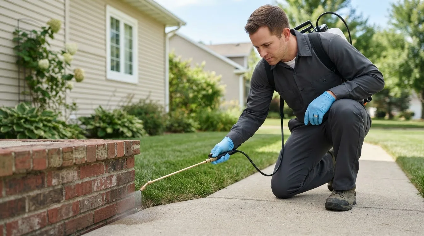 Pest control technician treating a home near Pittsford, NY